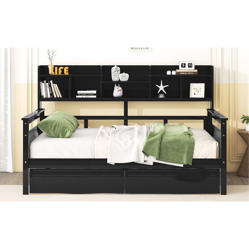 Daybed With Full Size, Wood Slat Support, Bedside Shelf And Two Drawers, Stable For Long - Run Size Daybed, Shelf, Support Suitable Living Needs