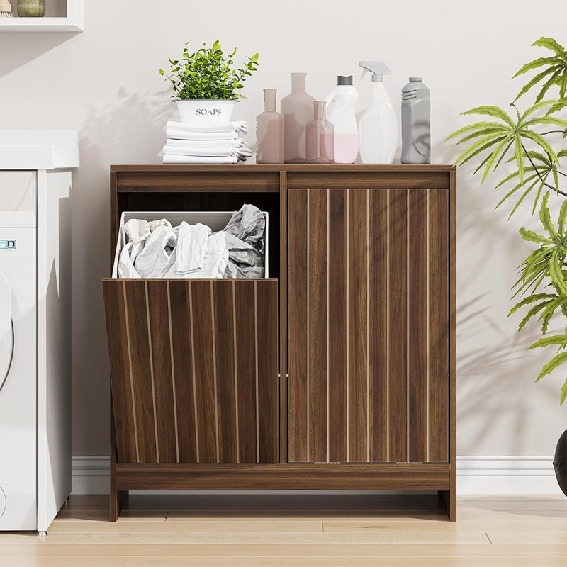 Armoire à linge double basculante, meuble de rangement dissimulé avec paniers, finition noyer pour salle de bain, cuisine et salon