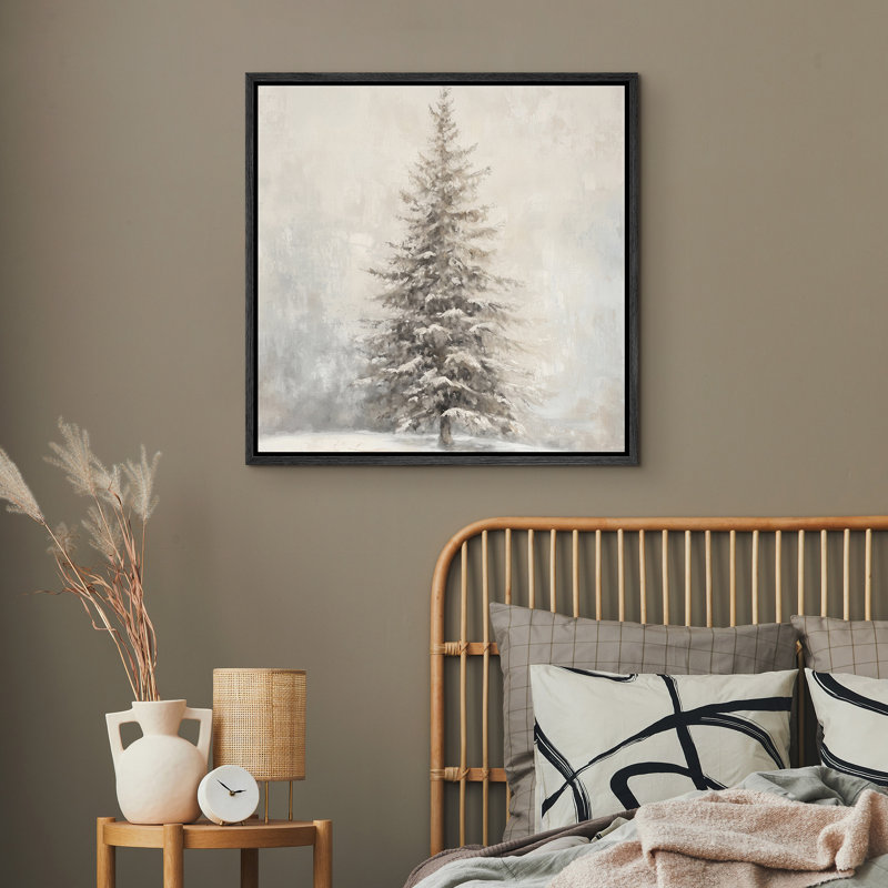 Œuvre de sapin enneigé enneigé, photos murales neutres de vacances rustiques modernes, impression sur toile encadrée
