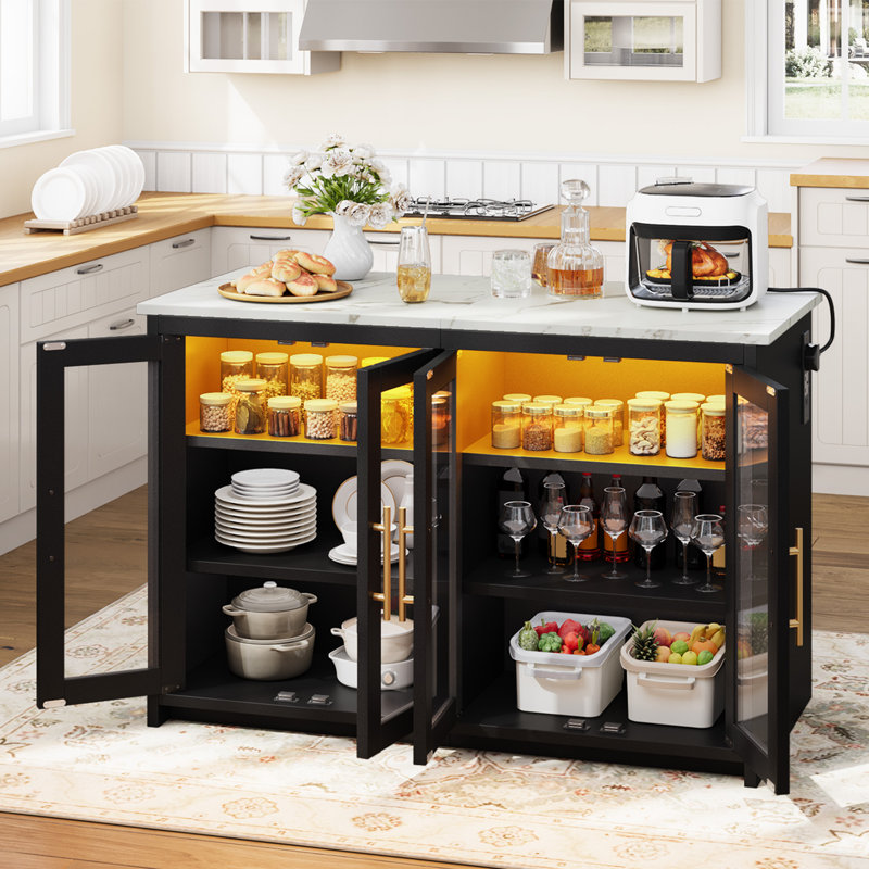  130cm W Kitchen Island With 4 Acrylic Doors & 3-Color LED Strip, Black/White