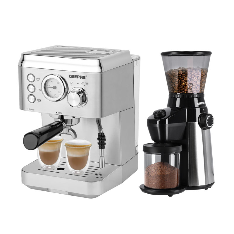Geepas 1140W Espresso & Cappuccino Coffee Machine & Conical Burr Coffee Grinder Combo Set- Milk Frother, Coffee Grinder With 15 Precise Settings