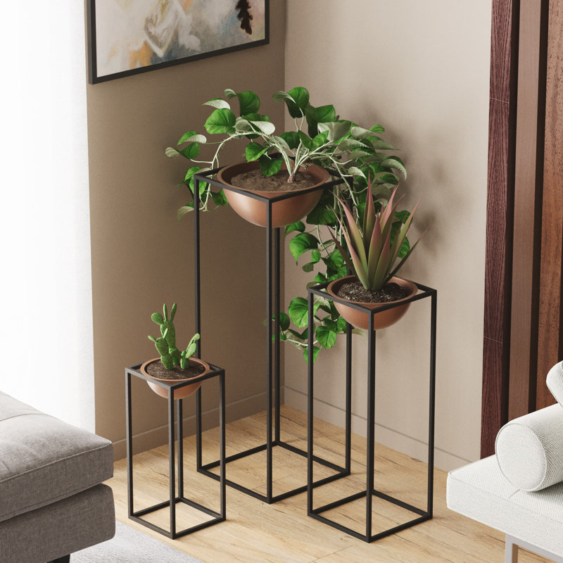 Ensemble de 3 pots décoratifs en métal Becontree Elegant | Noir et cuivre | Dimensions: 10,6 x 31,5 po (grand), 8,7 x 23,6 po (moyen), 6,7 x 15,7 po (petit) | 100% métal durable | Parfait pour la décoration intérieure et extérieure