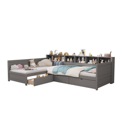 Wooden Corner Bed with Bookshelf, Corner Bed Frame For Bedroom, Living Room