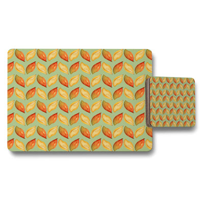 Leaf Pattern Placemat And Coaster Set In Sage Green With Orange Leaves