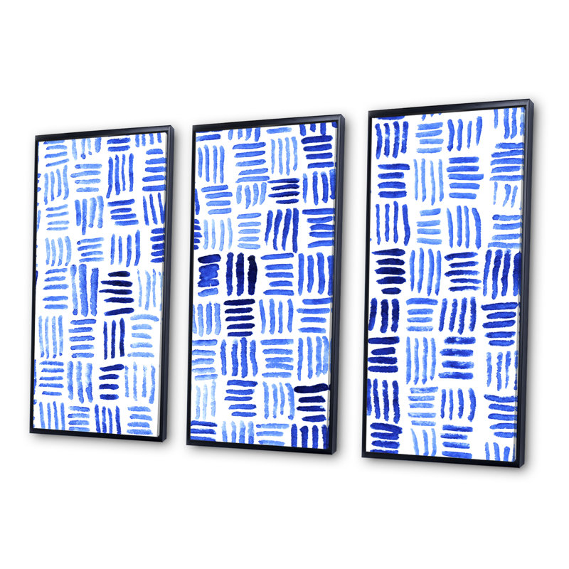 Motif de tissage bleu - impression sur toile flottante 3 pièces, H 28 po x l 36 po x P 1 po, Cadre noir