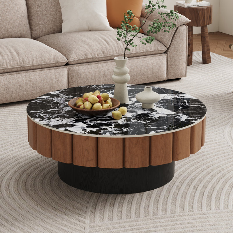 35.4''Round Faux Marble Mid Century Black and Brown Coffee Table for Living Room