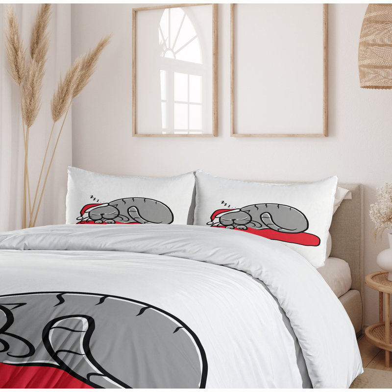 Twin White and Red Christmas Cat Duvet Cover Set