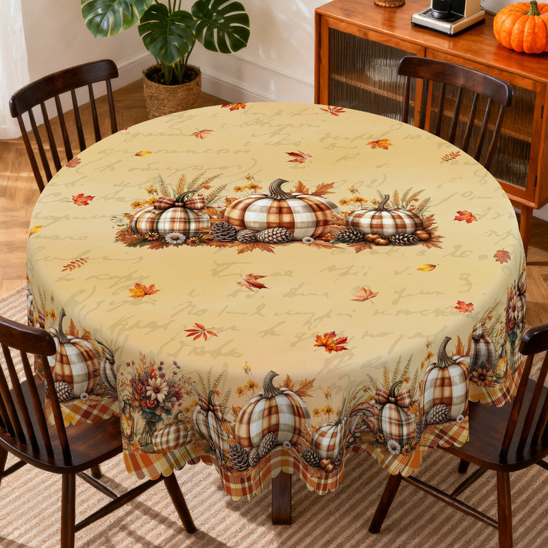 Nappe jaune lavable à la machine avec des motifs feuille d'érable et citrouille pour une atmosphère chaleureuse et confortable