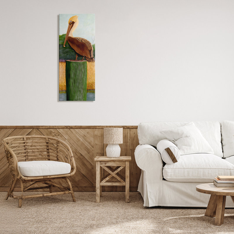 Toile de pélican aux yeux bleus, design par Barbara Fallenbaum, H 30 po x l 13 po
