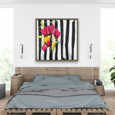 Fleurs roses sur rayures noires - Toile encadrée pour la décoration intérieure