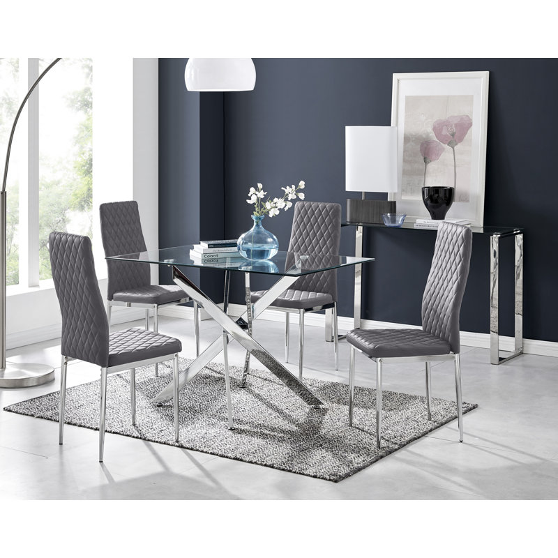 Lenworth Glass Rectangular Dining Table Set with 4 Quilted Velvet Dining Chairs, Silver, Grey