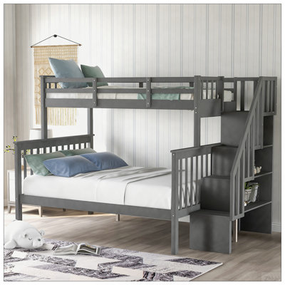 Stairway Twin-Over-Full Bunk Bed with Storage and Guard Rail for Bedroom, Gray color