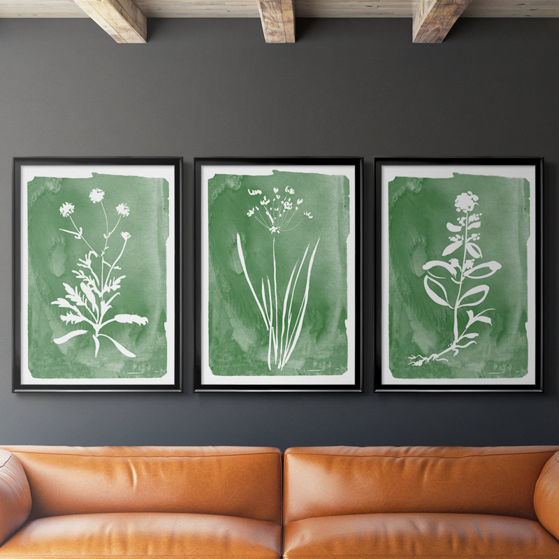 Green Botanical I - Toile tendue avec châssis sur mesure - 3 pièces, H 27 po x l 39 po, Noir