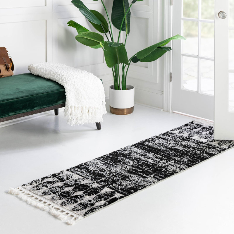 Tapis noir à motif géométrique Orlando, Tapis de couloir 2 pi x 8 pi