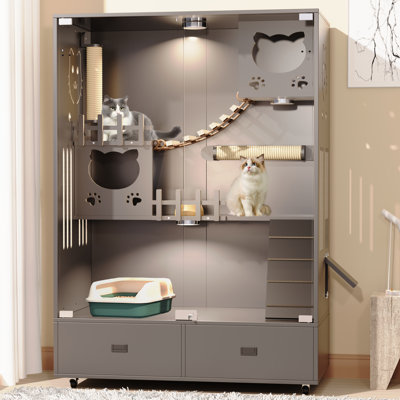 Ellia Wooden Cat Villa, Large Cat Enclosure w/ 2 Drawers, Indoor Enclosed Cat Houses w/ Ventilation