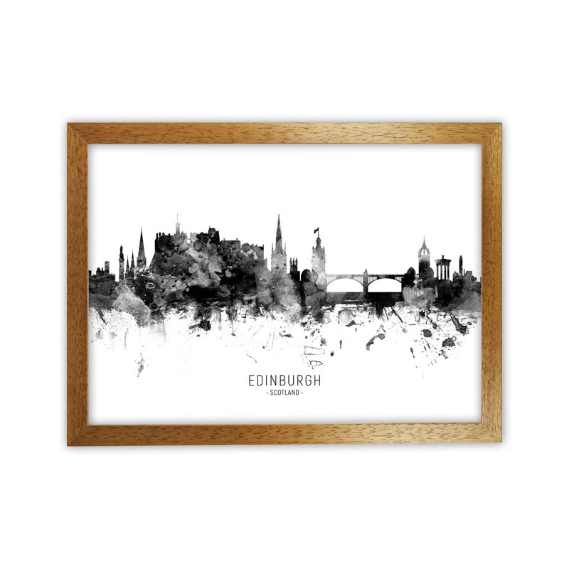 Edinburgh Scotland Skyline Black White City Name by Michael Tompsett - Print, 64cm H x 88cm W x 3cm D, Brown Framed