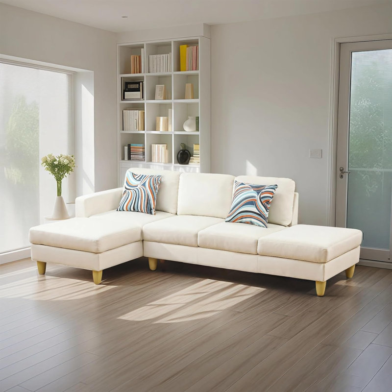2-Piece Faux Leather L-Shape Lint Sectional Sofa, White Faux Leather, Left Hand Facing