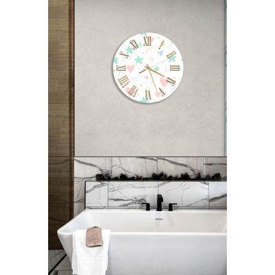 Cute Pastel Hearts Stars Tempered Glass Wall Clock, Whimsical, Modern Clock, Decorative Clock, Kitchen, Office, Gift, Unique Clock