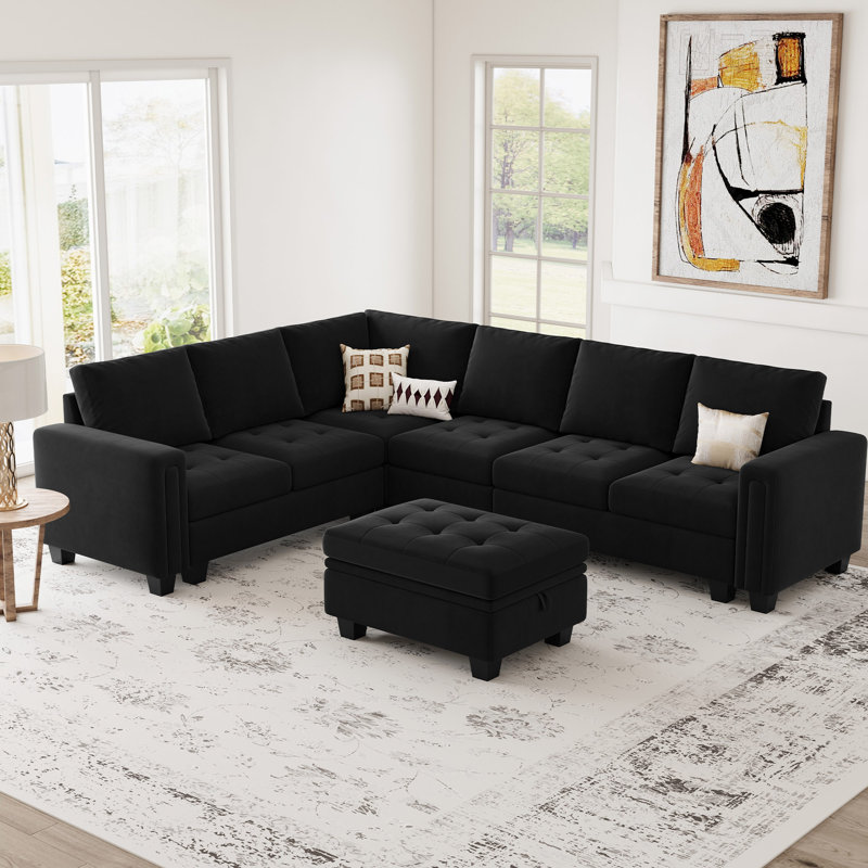 Canapé modulaire en L avec canapé-lit de rangement en L 6 pièces Shavera, Velours noir