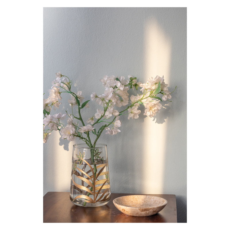 Porte-bougie en verre transparent avec motif floral vert et or, 4,9 po de diamètre x 7,1 po de hauteur