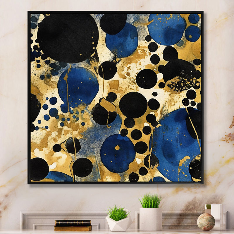 Motif abstrait avec des textures bleues et dorées - Minimalisme, H 16 po x l 16 po x P 1 po, Cadre flottant noir