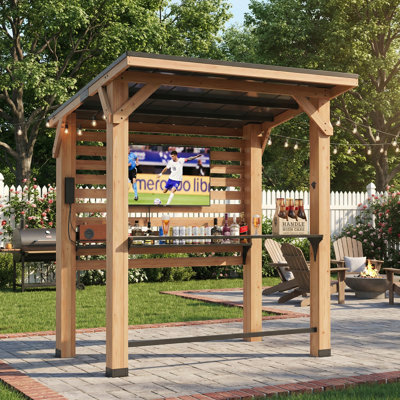 Solid Cedar Backyard Bar Pavilion With TV Mount, Available In 6 Ft. X 8 Ft. Or 10 Ft. X 8 Ft.