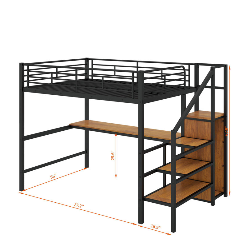 Lit mezzanine double en métal avec bureau, escalier de rangement et lumière DEL, Noir, noir, noir, noir