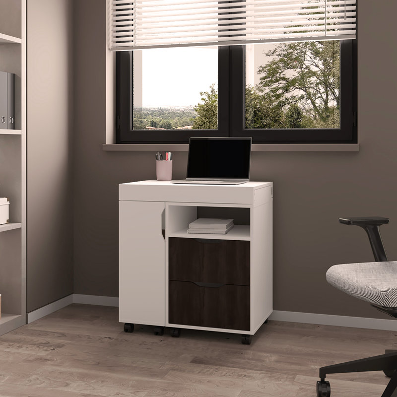 Loris Extendable Desk with Two Drawers, Open Shelves, and Sliding Mechanism