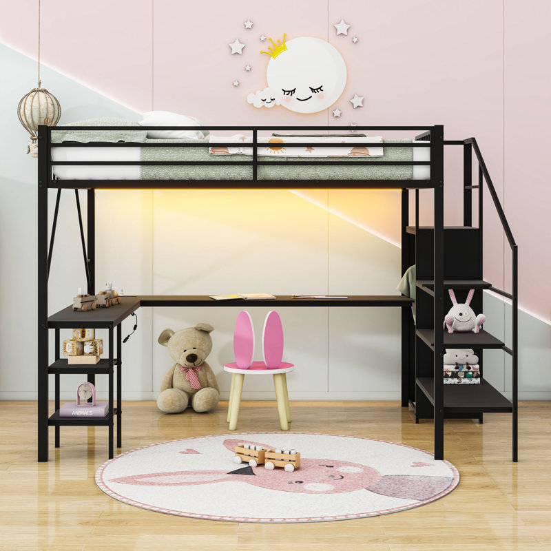 Loft Bed With Desk, Storage Staircase, And USB/LED Features, Queen