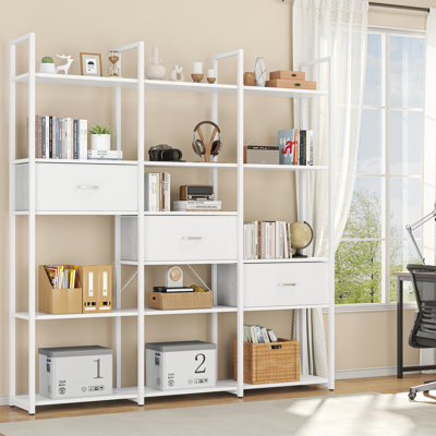 Triple Wide 6 Tiers Industrial Book Shelf With 3 Drawers And Storage Shelves, 73.6" Tall Bookcase With 16 Open Display Shelves, Large Etagere Bookshelf With Metal Frame For Home & Office