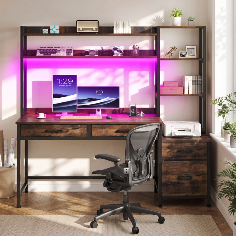  4-Drawer Computer Desk With LED Lights & Power Outlets, Brown, 150cm H x 150cmW x 50cm D