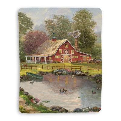 Thomas Kinkade Red Barn Retreat Sherpa Throw Blanket