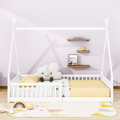 Twin Wood House Bed With Guardrails, House-Shaped Design