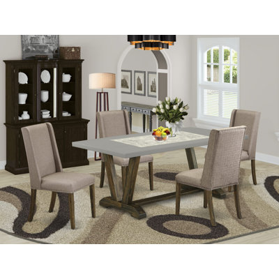 5-Piece Dining Room Table Set Includes a Cement Dining Table and 4 Dark Khaki Linen Fabric Mid Century Chairs with High Back - Distressed Jacobean Finish