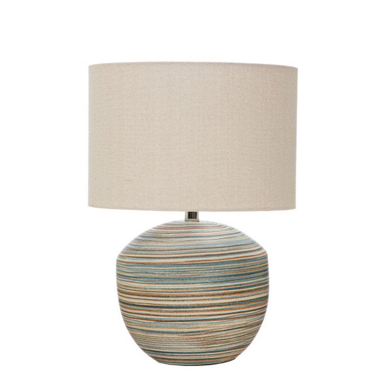 Lampe de table en grès avec rayures et abat-jour en lin