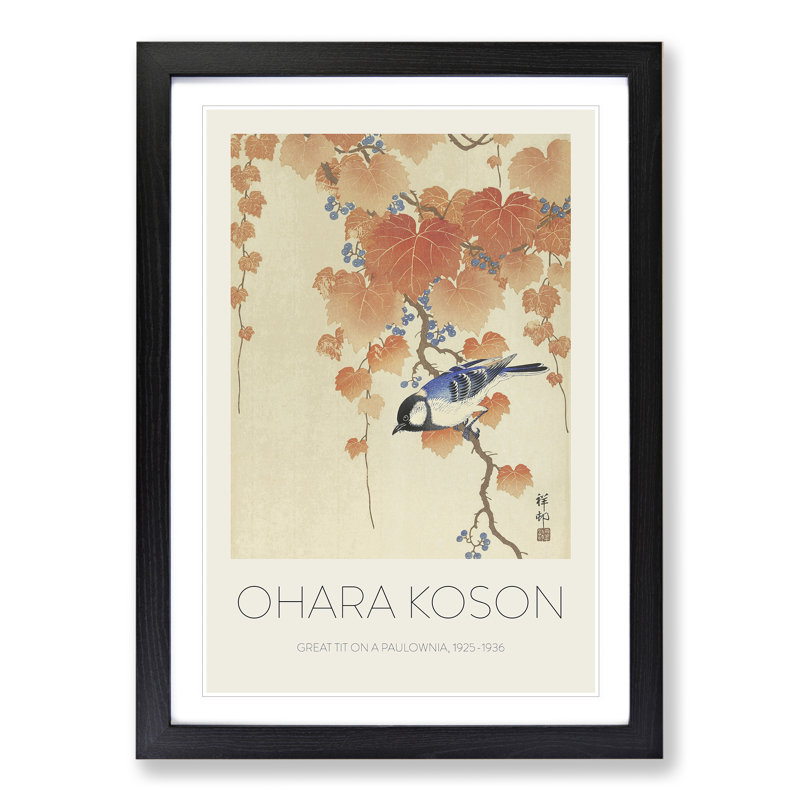 Great Tit On A Paulownia Branch by Ohara Koson - Single Picture Frame Print, 65cm H x 48cm W x 2cm D, Black Framed