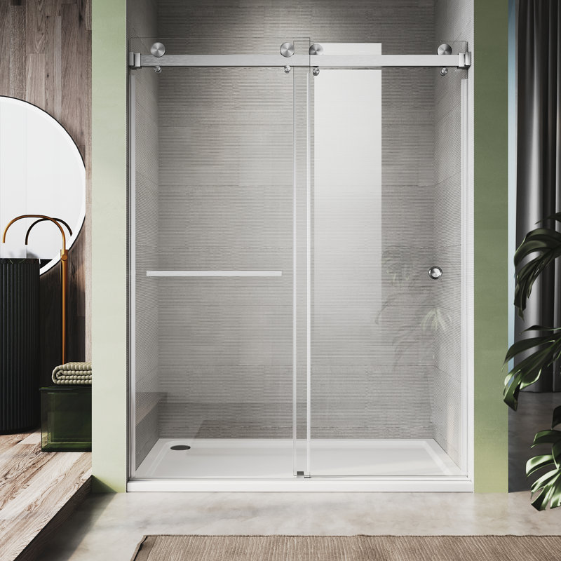 UKD01 56 to 60 in. x 80 in. H Frameless Double Sliding Shower Door with 3/8 in. (10mm) Clear Glass , Brushed Nickel