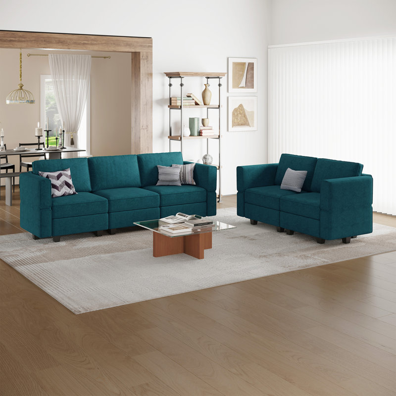 Canapé modulaire en velours Teangela, Ratine bleue