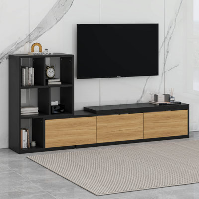Meuble télé extensible avec bibliothèques à 3 niveaux, armoires de rangement, console multimédia de table coulissante
