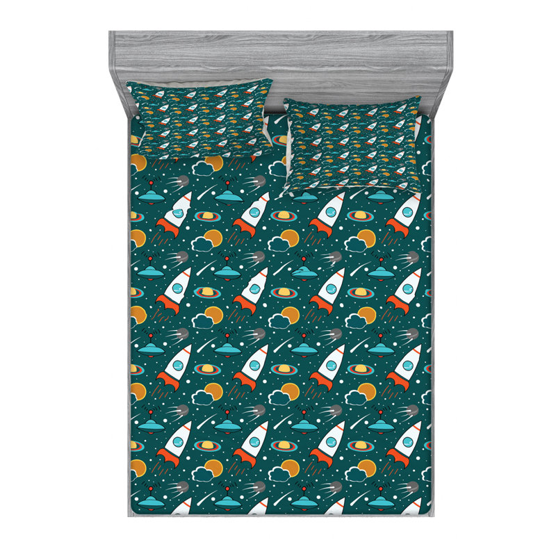 Microfiber Sheet Set, Queen Sheet Set with 2 Pillowcases, Green Spaceship