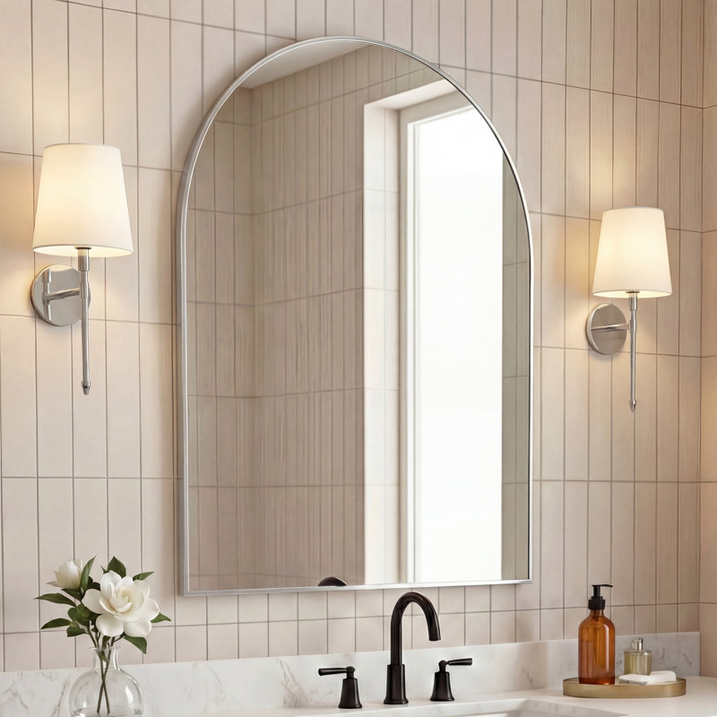 Petit miroir de salle de bain mural en aluminium arqué l 20 po x H 30 po Elodie, Nickel, 30 po x 20 po