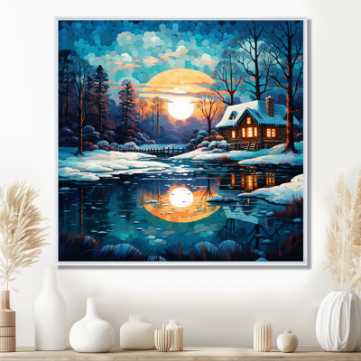 Winter Cottage Blue Snow Sunset Forest - Winter Landscape Wall Art Print