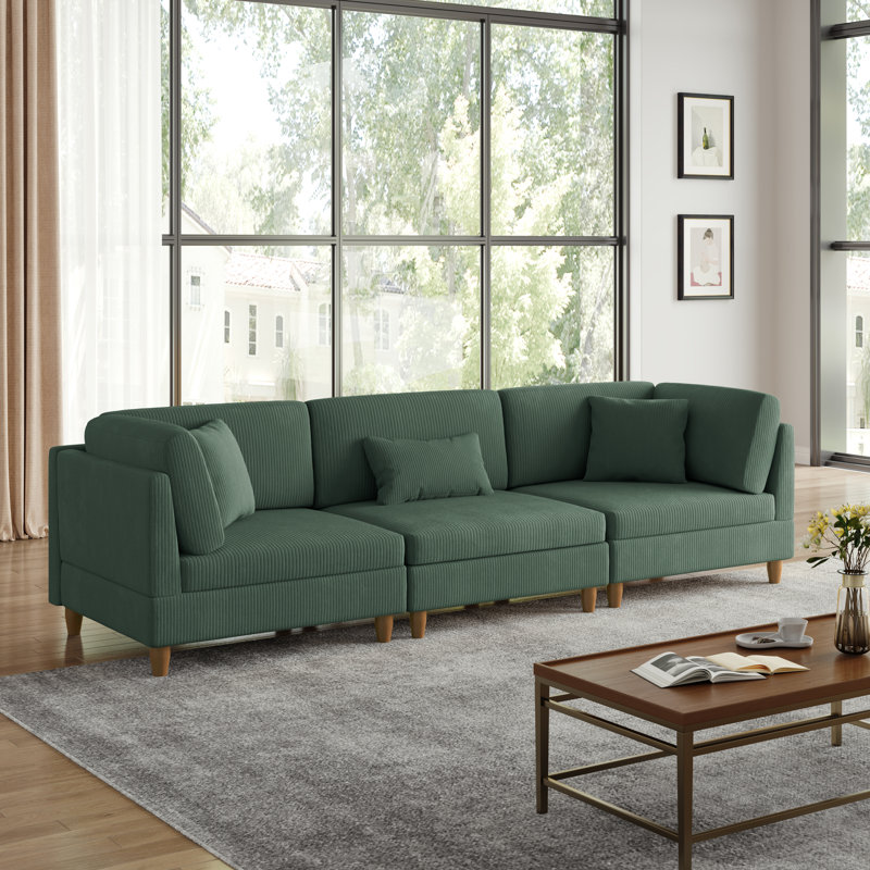 Seemab 3 - Piece Upholstered Hunter Green Corduroy Modular Sectional with Pillow Back and Solid Wood Legs, Hunter Green