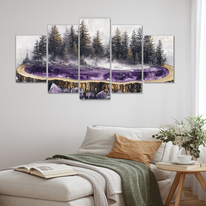 Forêt mauve dans une glissade en bois de cristal - Art mural forêt - décoration murale traditionnelle 5 pièces