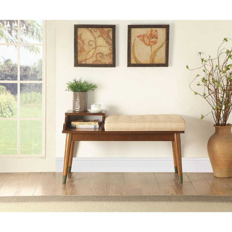 Banc Millie, tissu beige et noyer