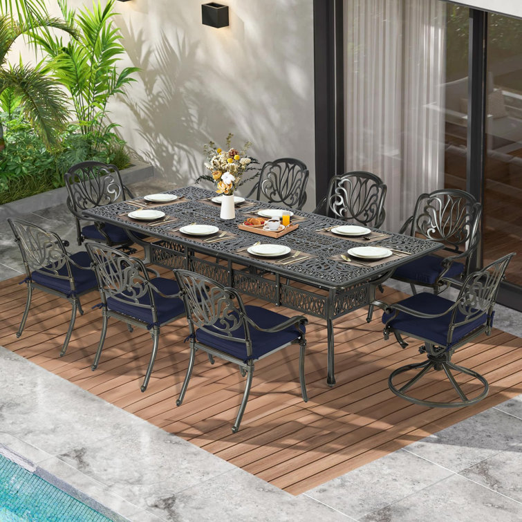 Meetwarm 9-Piece Outdoor Patio Dining Set, All Weather Cast Aluminum Patio Funiture Table And Chairs Set- 94.5" Rectangular Table And 2 Swivel Rocker Chairs, 6 Stationary, Umbrella Hole