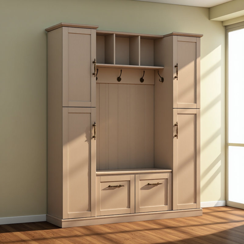 Farmhouse Elegant Hall Tree with 4 Side Cabinets, All-in-One Mudroom Furniture with Adjustable Shelves & Open Cubbies, Beadboard Entryway Bench with Coat Rack & 5 Hooks for Hallway, White
