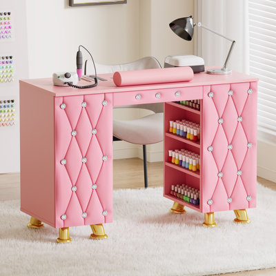 Manicure Table, Nail Desk with Dust Collector & Wrist Rest, Nail Salon Station Acetone Resistant Workstation with Drawers, Cabinet, Leather Pad with Diamonds