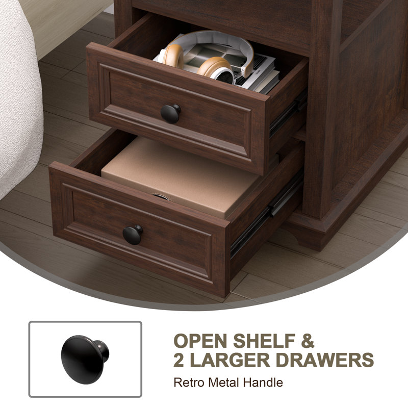 Cherry MDF End Table Set with Storage and Built-In Outlets