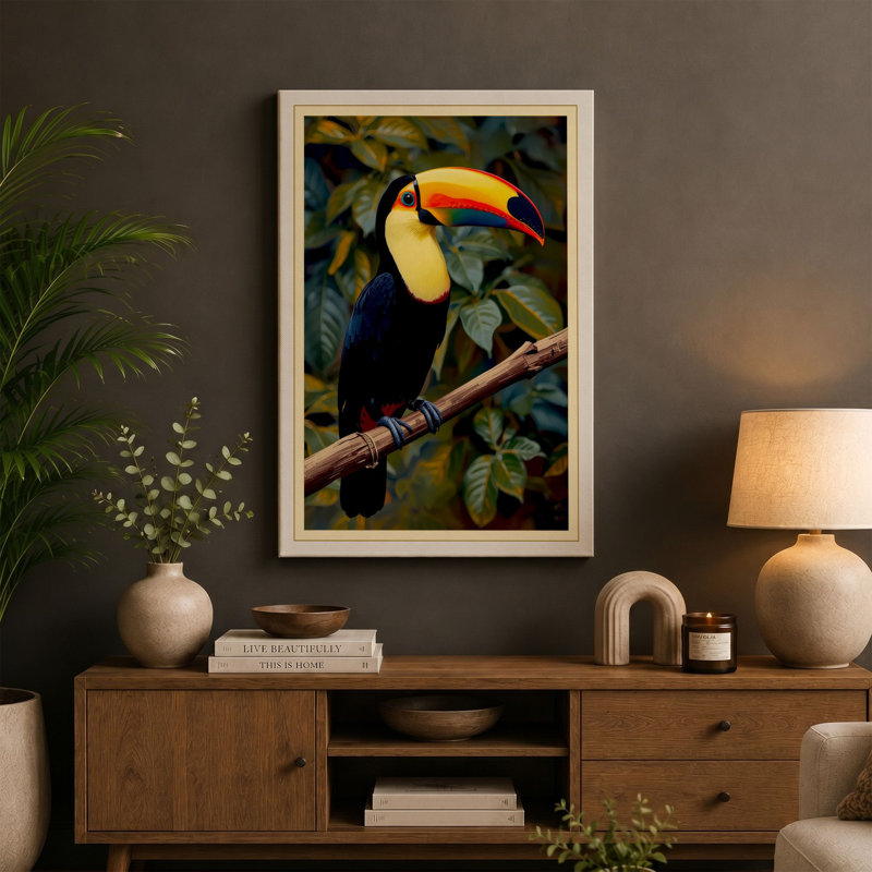 Toucan on Branch Tropical - Wrapped Canvas, 24x16 - 61.0 x 40.6 cm, Cream Border